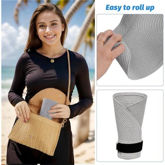 Gray Wide Brim Straw Sun Visor Hat – Packable Straw Visor with Adjustable Fit - Picture 4 of 8